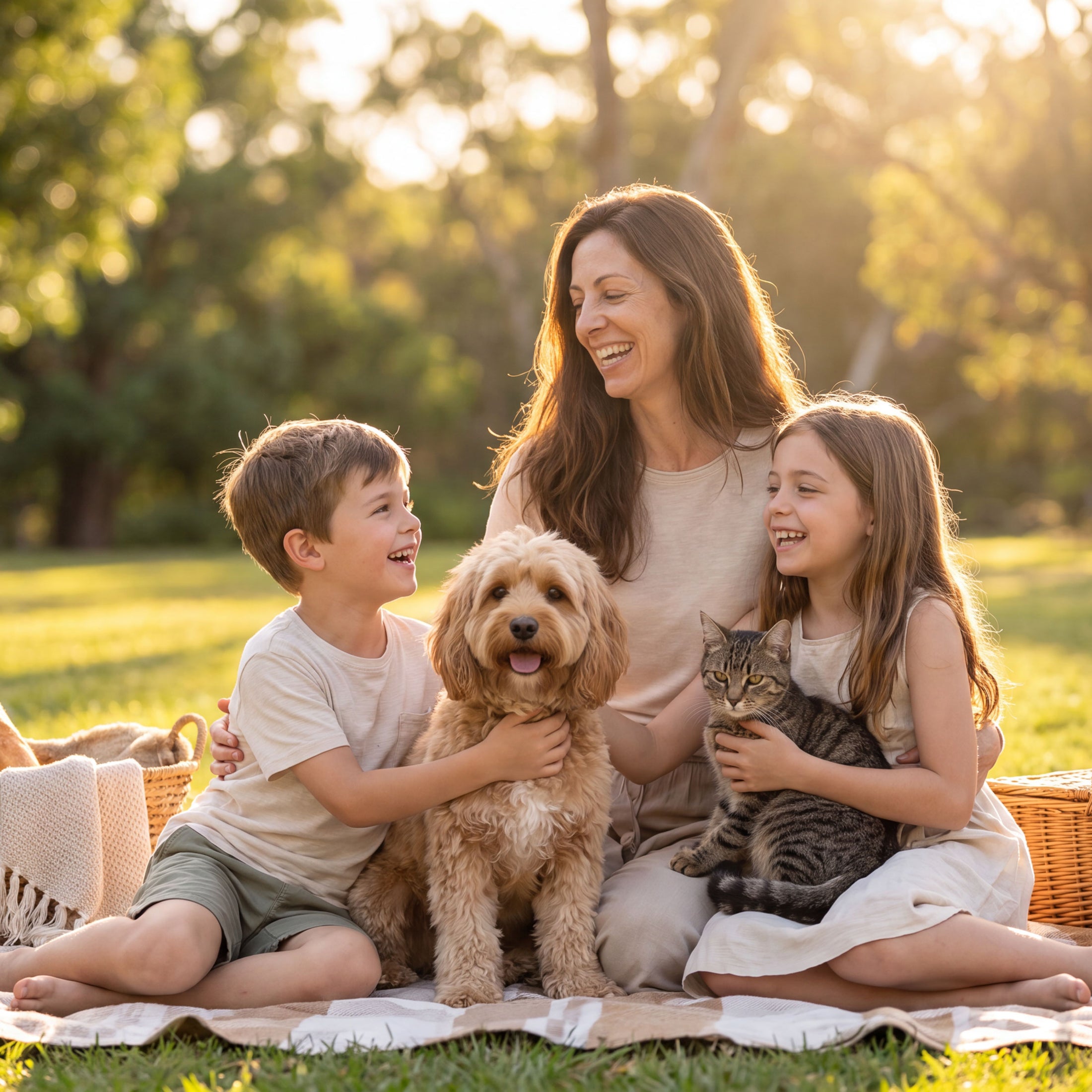 Emily with her children, dog and cat in the park