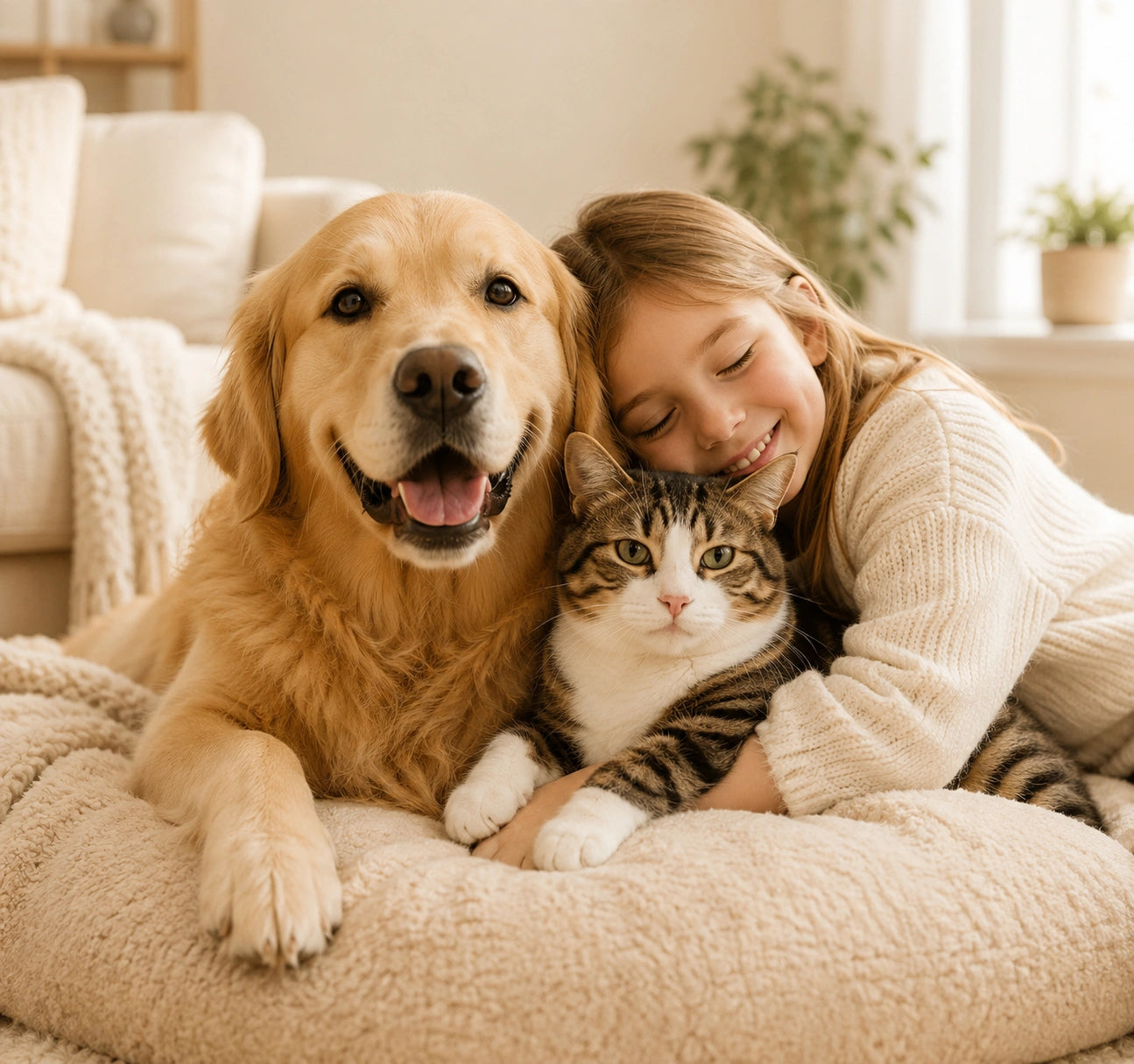 Happy dog and cat relaxing together